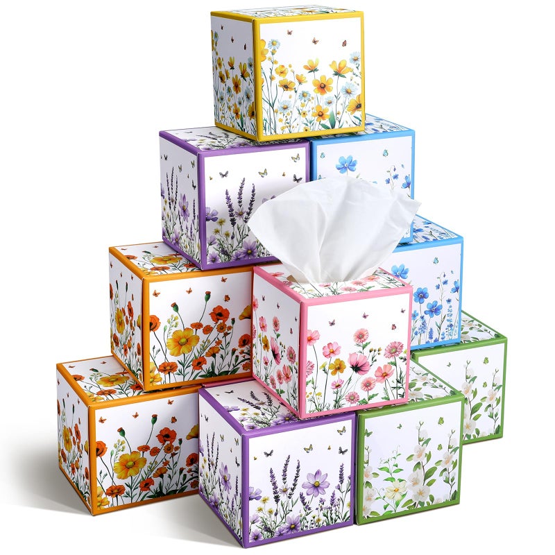 Fourluoo 12 Pack Fall Floral Facial Tissues Cube Boxes 600 Sheets 3 Ply Small Square Wildflowers Face Tissues Bulk for Autumn Car Bedroom Supplies